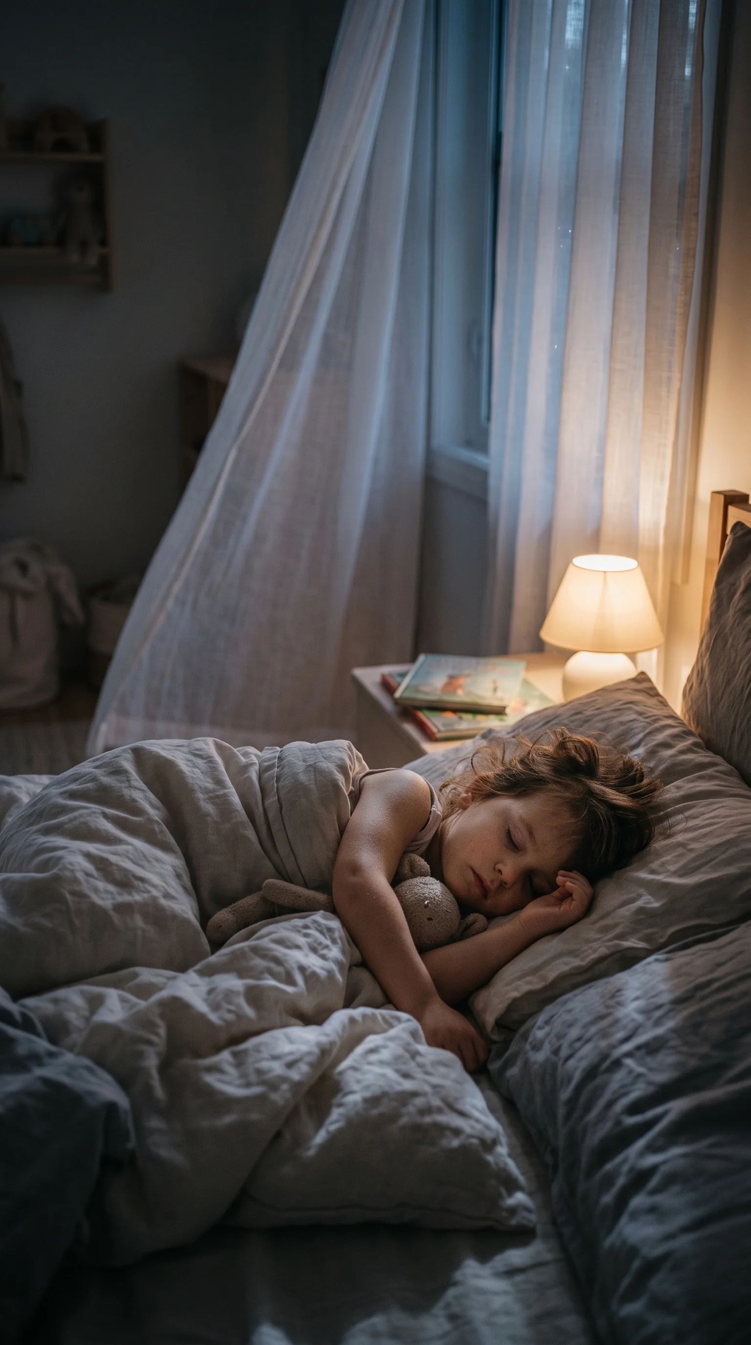 A child sleeping in a bedroom with soft curtains beside the window