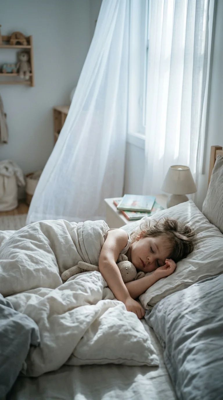 A child sleeping in a bedroom with soft curtains beside the window