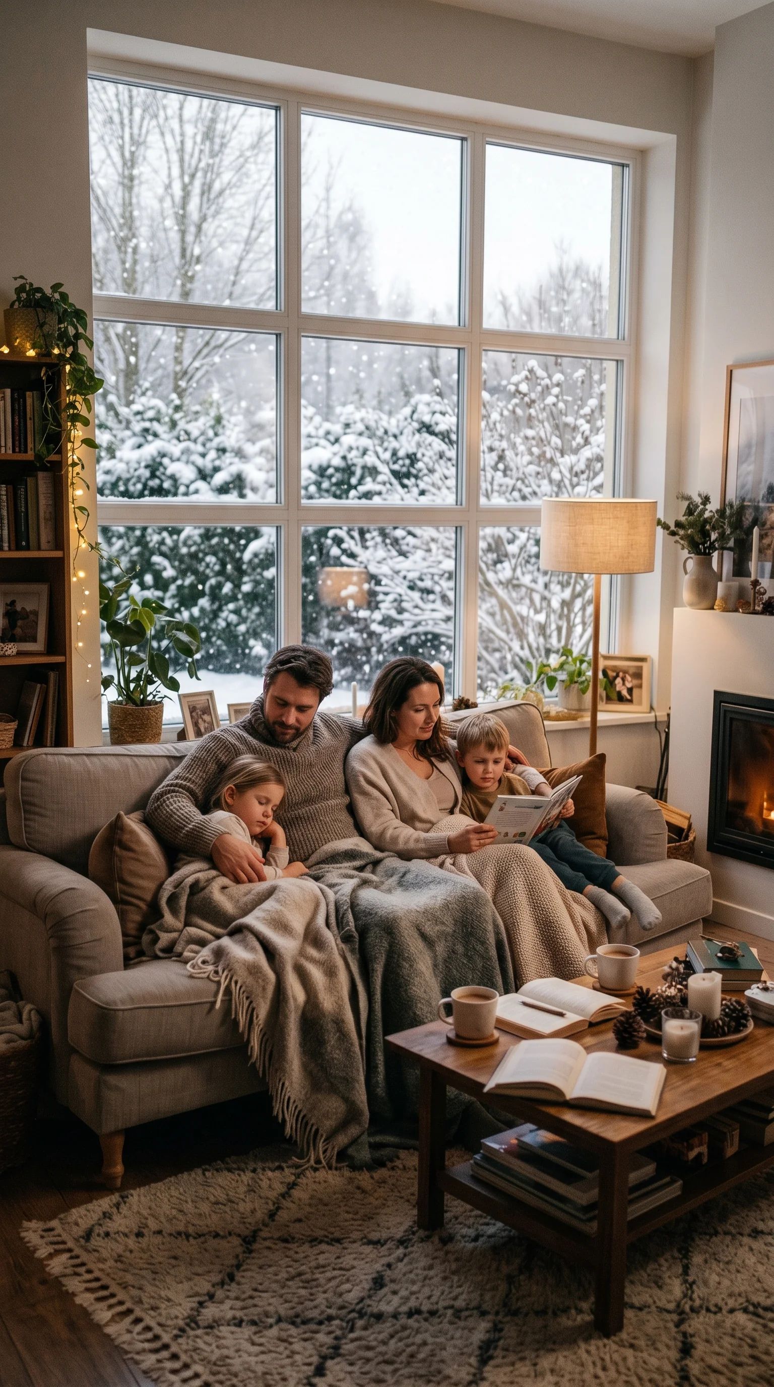 A family relaxing in a warm living room while snow falls outside