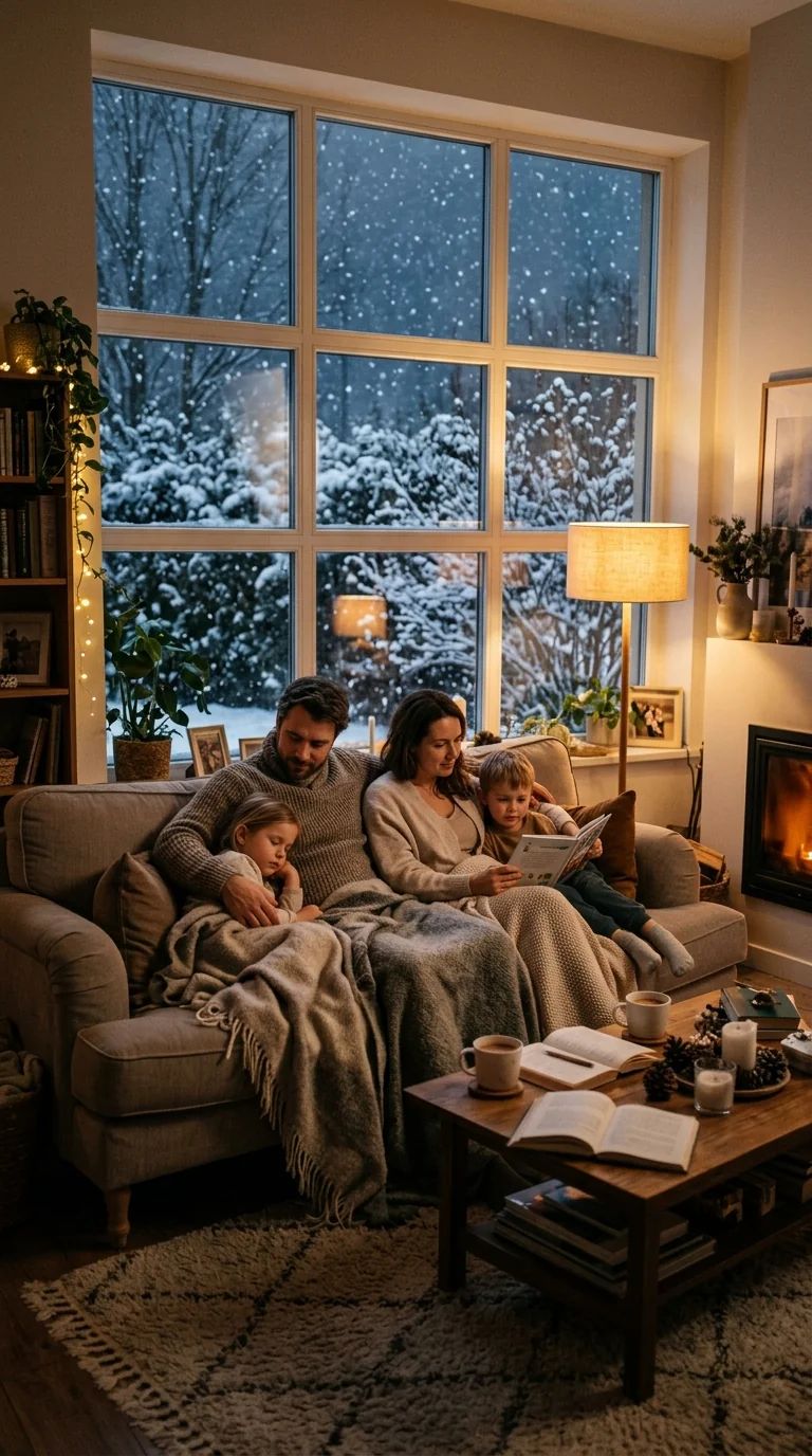 A family relaxing in a warm living room while snow falls outside