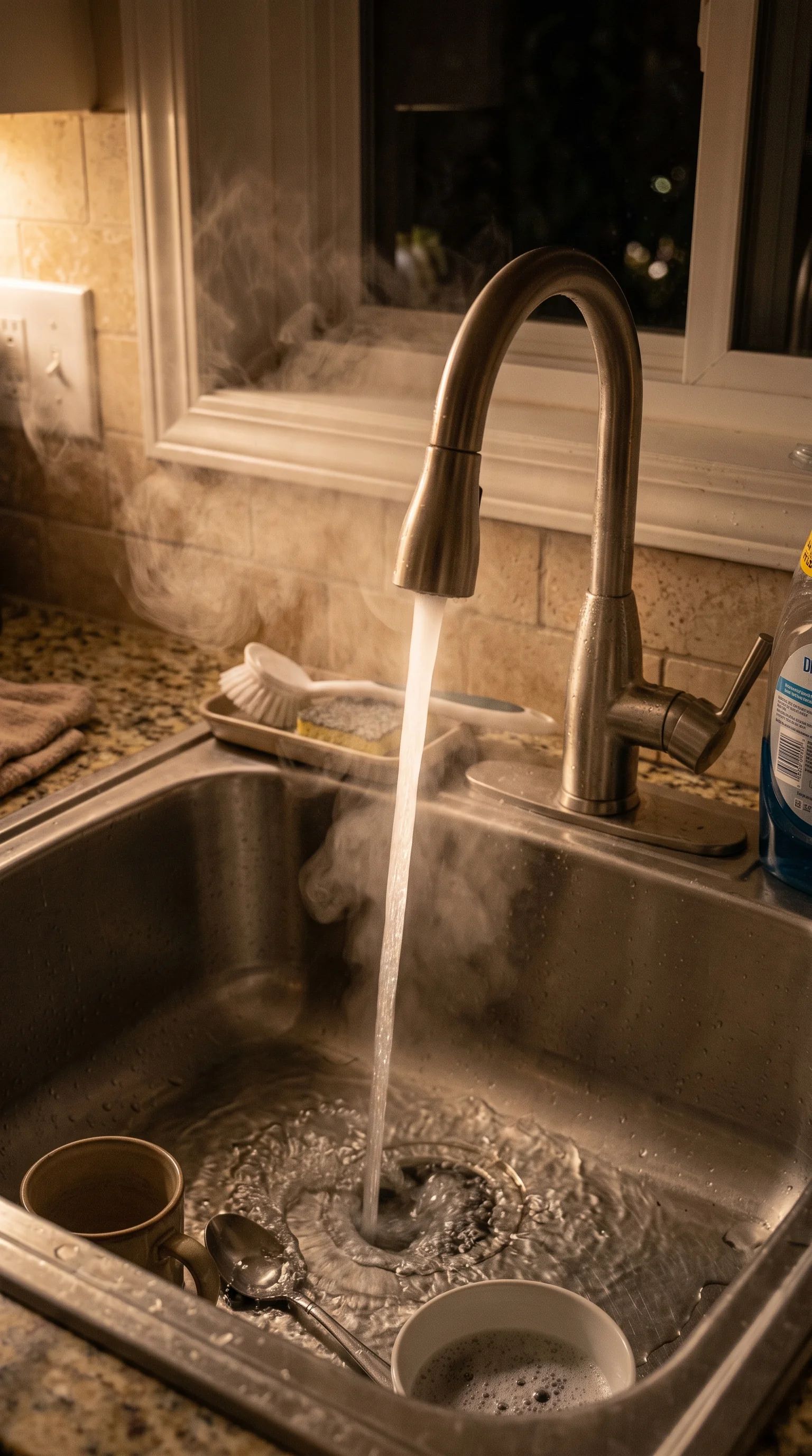 Steaming hot water flowing from a kitchen faucet