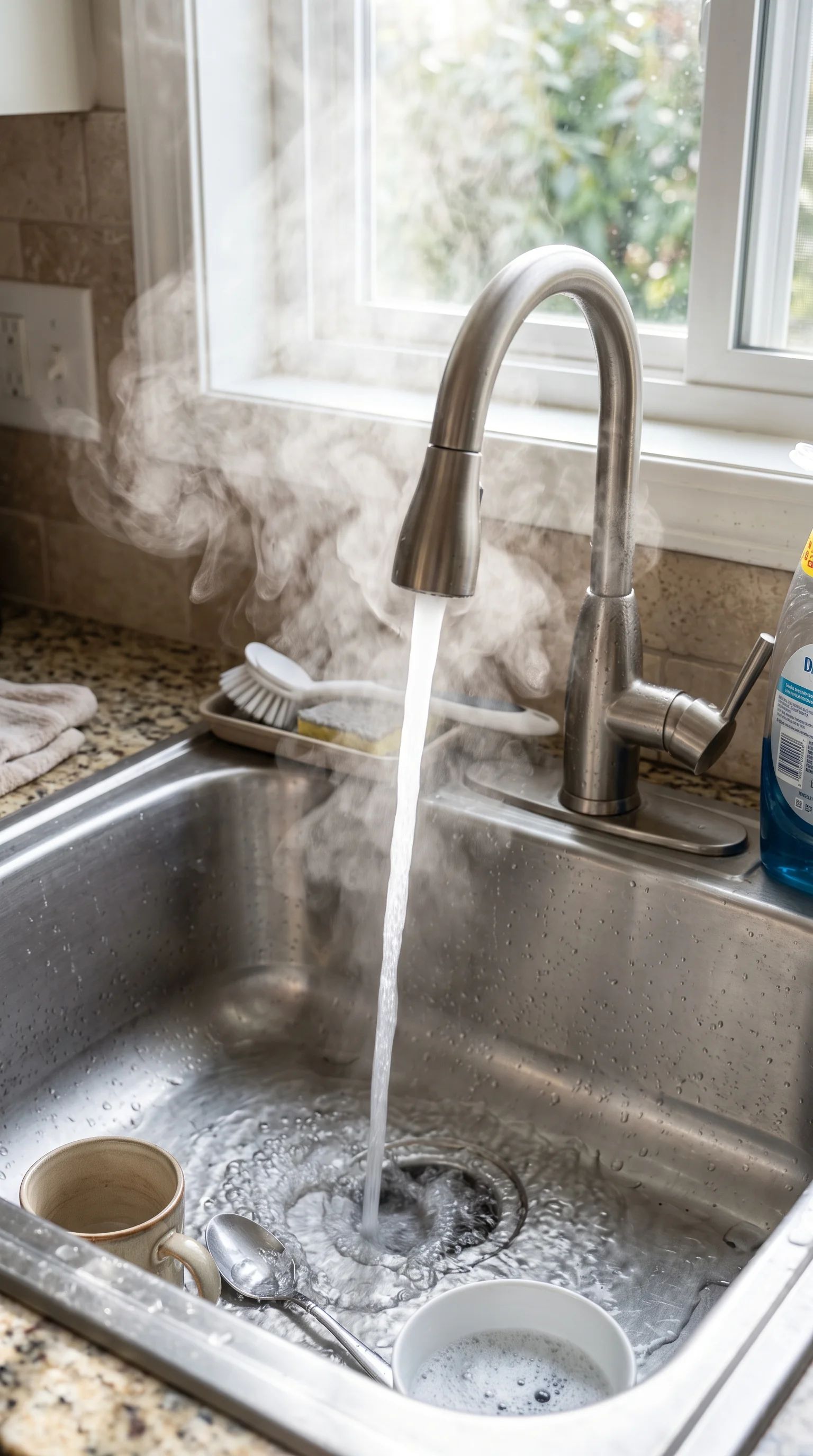 Steaming hot water flowing from a kitchen faucet