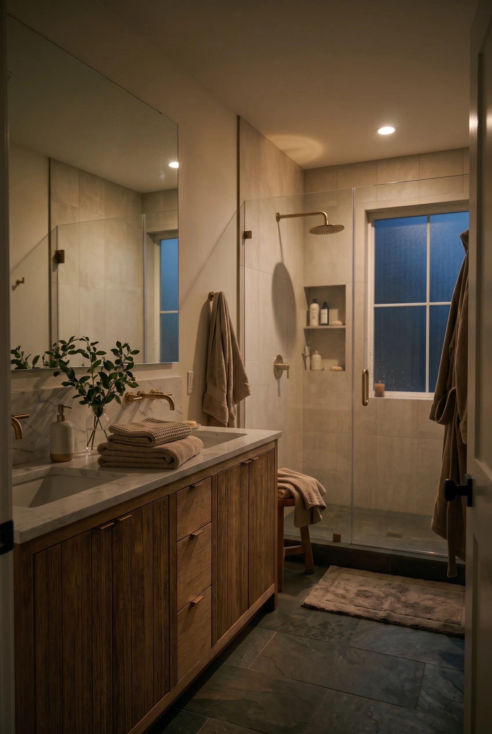 A dry bathroom with a glass shower and neatly folded towels