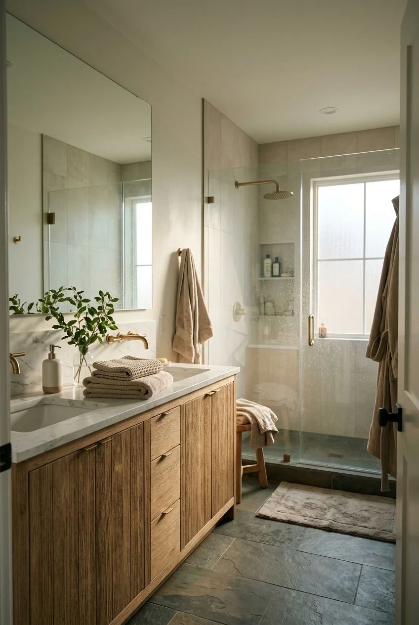 A dry bathroom with a glass shower and neatly folded towels